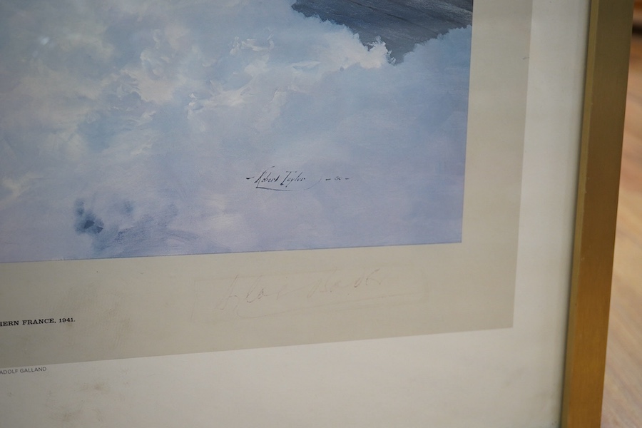 After Robert Taylor (b.1946), two colour prints comprising, ‘Duel of the Eagles’, signed by Douglas Bader and Adolf Galland, and ‘Spitfire’, first edition print signed by Douglas Bader and Air Vice Marshall Johnnie Johns